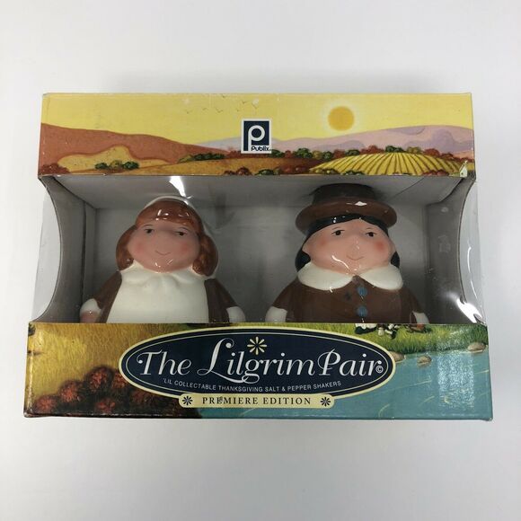 Publix Salt & Pepper Shakers 2004 Thanksgiving The Lilgrim Pair Pilgrims Brown - Picture 1 of 12